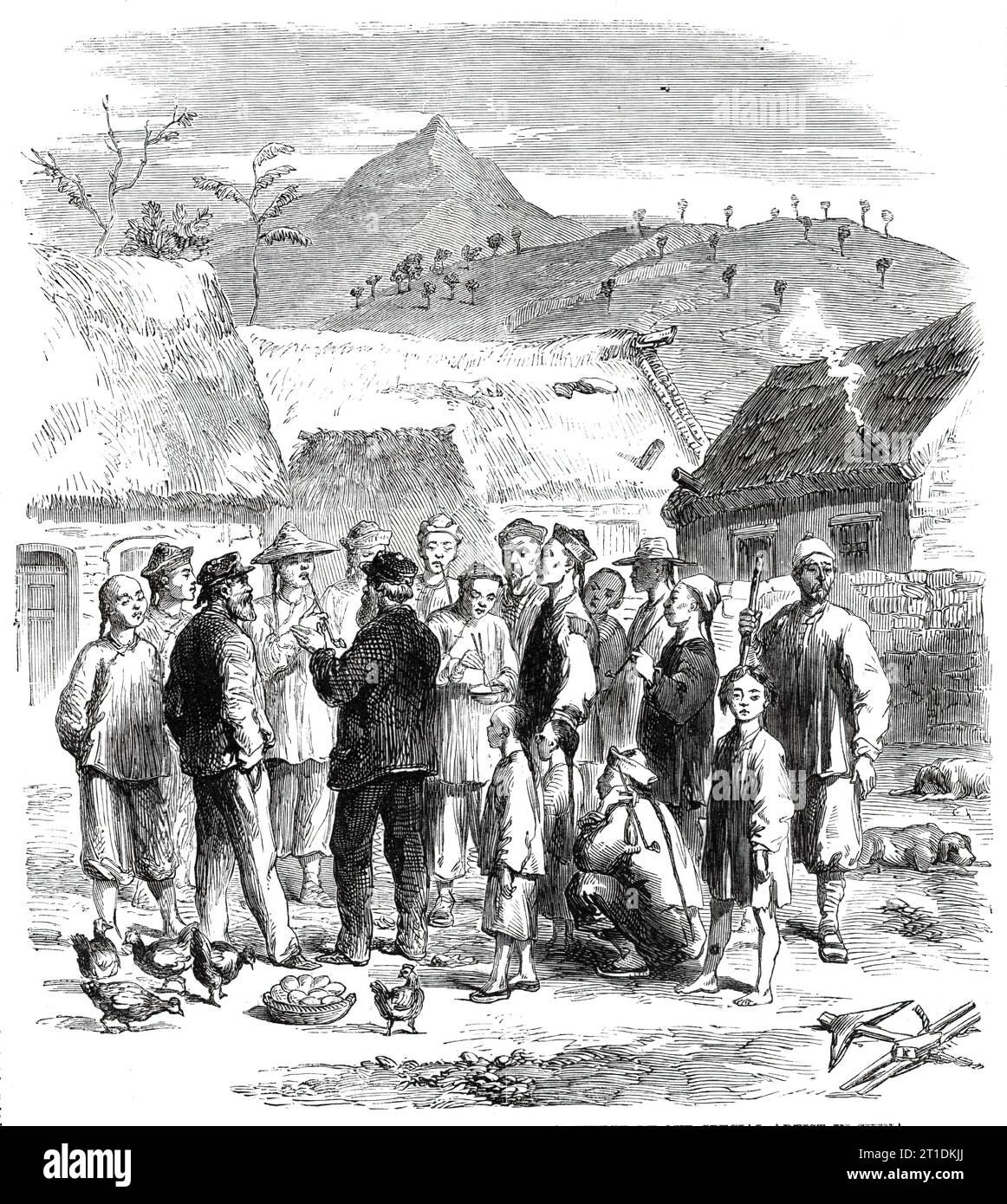 China - die britischen Streitkräfte in Talien-Wan - Eier und Hühner der Eingeborenen kaufen - nach einer Skizze unseres Spezialkünstlers in China, 1860. Essen ist knapp... also gingen wir an Land auf der Suche nach frischem Proviant... lange Zeit sahen wir das hübsche Dorf zu unseren Füßen. Wir... wurden höflich von den Bewohnern empfangen. Wir haben unseren Wunsch nach Eiern und Hühnern deutlich gemacht, und gegenwärtig wurden kleine Jungen beobachtet, die den Vögeln hinterherliefen, und Erwachsene Männer verschwanden für kurze Zeit und kehrten mit herrlichen Eiern zurück. Wir kommunizierten mit ihnen durch das Medium eines Jungen aus dem Süden, der einer der Parteien angehörte; und, t Stockfoto