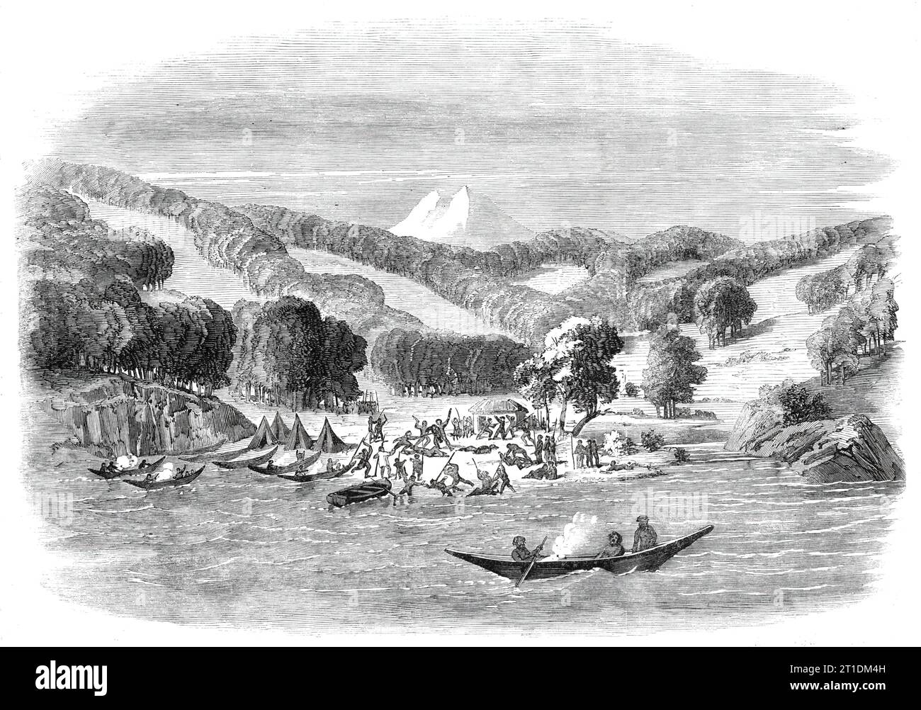 Massaker an einer Missionsparty des „Alan Gardiner“ durch die Eingeborenen in Woolya, Feuerland, 1860. Gravur nach einer Skizze von Mr. Havers. Im Oktober 1859 brachte der Schoner Alan Gardiner, der der Patagonian Missionary Society angehörte, einige Fueger in ihr Heimatland zurück, mit der Absicht '...bring einen weiteren Nachschub zurückzugeben, der an der Station auf Keppel Island (West Falkland) christianisiert werden sollte. die durchsucht wurden, bevor sie über die Seite des Schiffes gingen, ein Verfahren, das bei einer früheren Gelegenheit in Keppel, wo die Verletzung schwer verletzt worden war Stockfoto