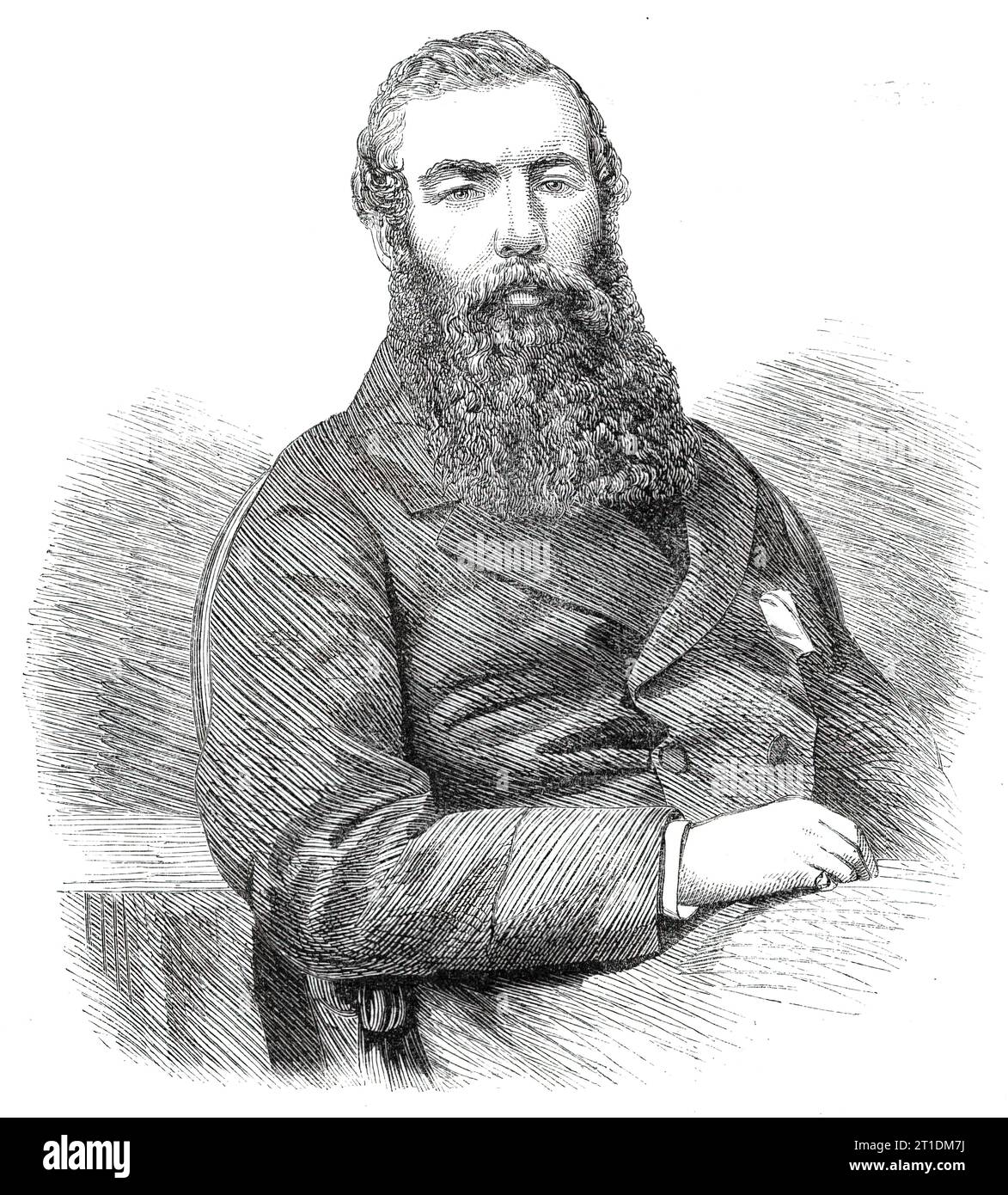 J. W. Malcolm, Esq., der neu gewählte M.P. für Boston - nach einem Foto von Claudet, 1860. Mr. Malcolm erhielt seine Ausbildung in Eton und in Christchurch. Oxford... Malcolm sagte, er wolle das Franchise auf alle ausdehnen, die aufgrund ihrer Ausbildung und ihrer Stellung in der Gesellschaft dafür qualifiziert waren... die Dinge, die wir hauptsächlich beklagen mussten, waren unzulässige Einmischung in die Ausübung des Wahlrechts und extravagante öffentliche Ausgaben... es gab zweifellos, aufgrund von Fehlern im Verwaltungssystem, große Verschwendung öffentlicher Gelder. Aber diese Übel würden nie von cr korrigiert werden Stockfoto