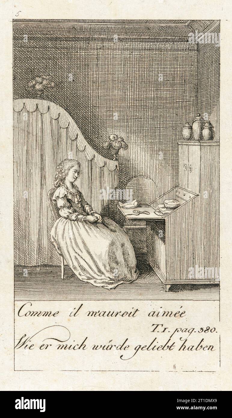 Illustration für „Caroline of Lichtfield“, 1786. Internationaler, aus dem Französischen übersetzter melodramatischer Roman des 18. Jahrhunderts. Stockfoto