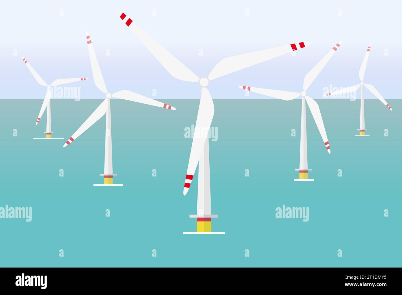 Offshore-Windpark, Vektorillustration des Windmühlenparks am Meer. Alternative Energie Stock Vektor