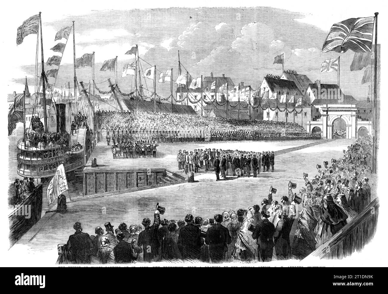 Der Prinz von Wales landet in St. John, New Brunswick, [Kanada], aus einer Zeichnung unseres besonderen Künstlers G. H. Andrews, 1860. Seine Königliche Hoheit erreichte den Hafen von St. John spät am Abend des Donnerstags, dem 2. August, übertrugen die Kanonen auf Partridge Island das Signal der freudigen Botschaft. Eine riesige Menschenmenge, eifrige Zuschauer, versammelte sich an der Anlegestelle namens Reed's Point, um die Ankunft des Dampfers zu beobachten, der mit anhaltendem und enthusiastischem Beifall begrüßt wurde. Am nächsten Morgen um zehn Uhr stiegen der Prinz und die Suite aus der Styx, A, aus Stockfoto