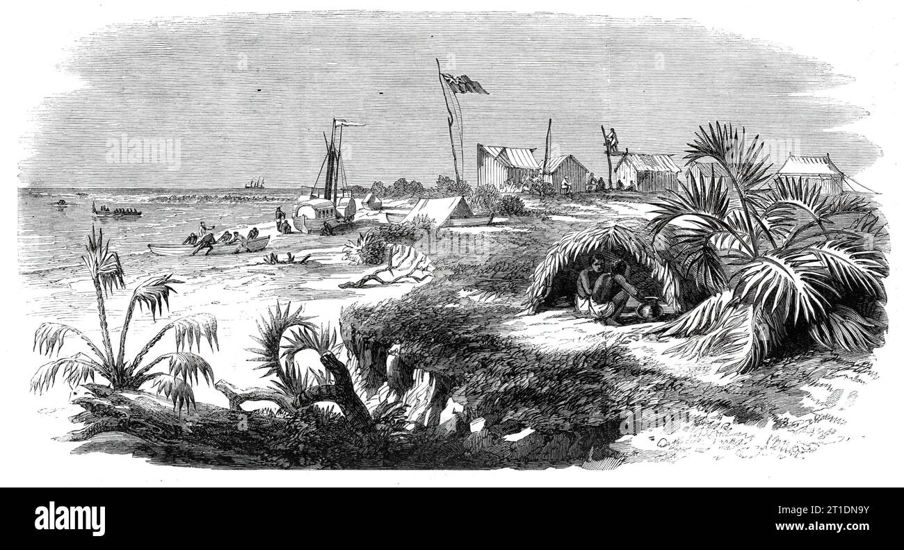 Die Livingstone-Expedition in Afrika - Dr. Livingstones Station an der Mündung des Kongone-Flusses, im Sambesi-Delta, 1860. Gravur aus einer Skizze von '...T. Baines, Esq., Künstler der Livingstone-Expedition... der Zambesi oder Secheke, ein Fluss Zentralafrikas, der sich in den Sümpfen des Innern erhebt, ist der Hauptstrom eines riesigen Systems, das Livingstone 1856 erforschte, und hat einen gewundenen Kurs von Westen aus. Bei 17 Grad Breitengrad 57 Min. Südlich, lang. 26 Grad 6 Min. Östlich, er biegt sich nach Süden und bildet eine herrliche Kaskade. Im Norden wird sie von der Kafue, ihrem Hauptwohlhabenden, begleitet Stockfoto Die Livingstone-Expedition in Afrika - Dr. Livingstones Station an der Mündung des Kongone-Flusses, im Sambesi-Delta, 1860. Gravur aus einer Skizze von '...T. Baines, Esq., Künstler der Livingstone-Expedition... der Zambesi oder Secheke, ein Fluss Zentralafrikas, der sich in den Sümpfen des Innern erhebt, ist der Hauptstrom eines riesigen Systems, das Livingstone 1856 erforschte, und hat einen gewundenen Kurs von Westen aus. Bei 17 Grad Breitengrad 57 Min. Südlich, lang. 26 Grad 6 Min. Östlich, er biegt sich nach Süden und bildet eine herrliche Kaskade. Im Norden wird sie von der Kafue, ihrem Hauptwohlhabenden, begleitet Stockfoto