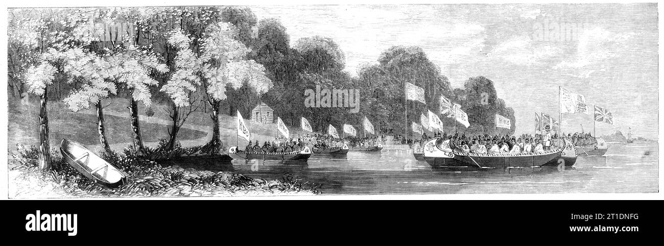 Großer Kanu-Empfang für den Prince of Wales auf der St. Lawrence, 1860. 'Zehn Kanus... hübsch bemalt und dekoriert, und jeder von zwölf Indianern des Irikesen-Stammes bemannt, im Dienst der Hudson's Bay Company, er traf den Prinzen, der später König Eduard VII., als er von Lachine zur Isle Dorval überging... seine Königliche Hoheit wurde von zehn großen Kanus getroffen, von denen jedes mit zwölf starken Indianern gefüllt war... die ein Bootslied begannen, was, als es über das Wasser zum Ufer schwamm, überaus musikalisch klang...[nach dem Mittagessen], der Prinz, begleitet vom Herzog von Newcastle Stockfoto