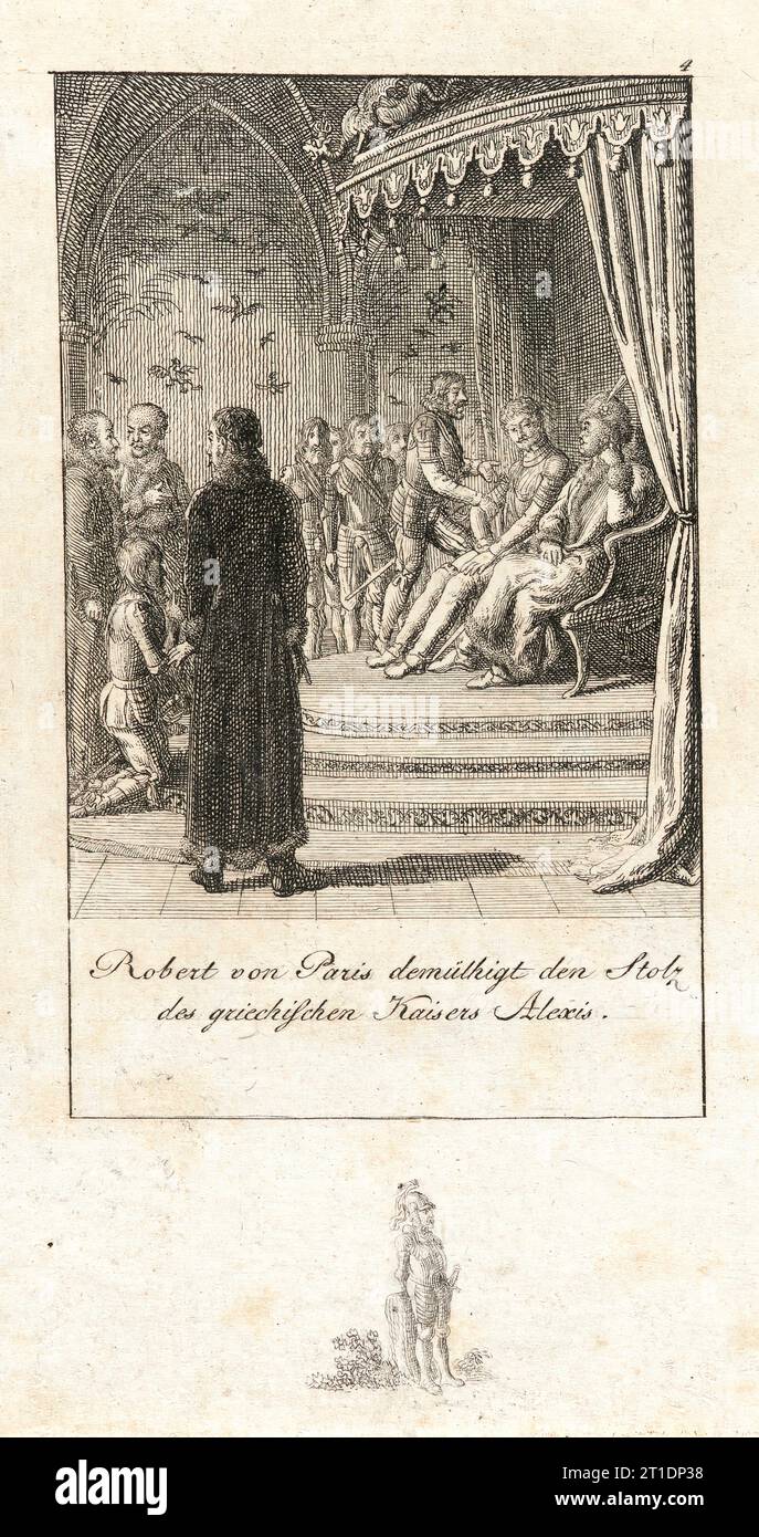 Illustration für „Geschichte der ersten Kreuzzüge“, 1800. Robert von Paris demütigt den Stolz des griechischen Kaisers Alexis Stockfoto