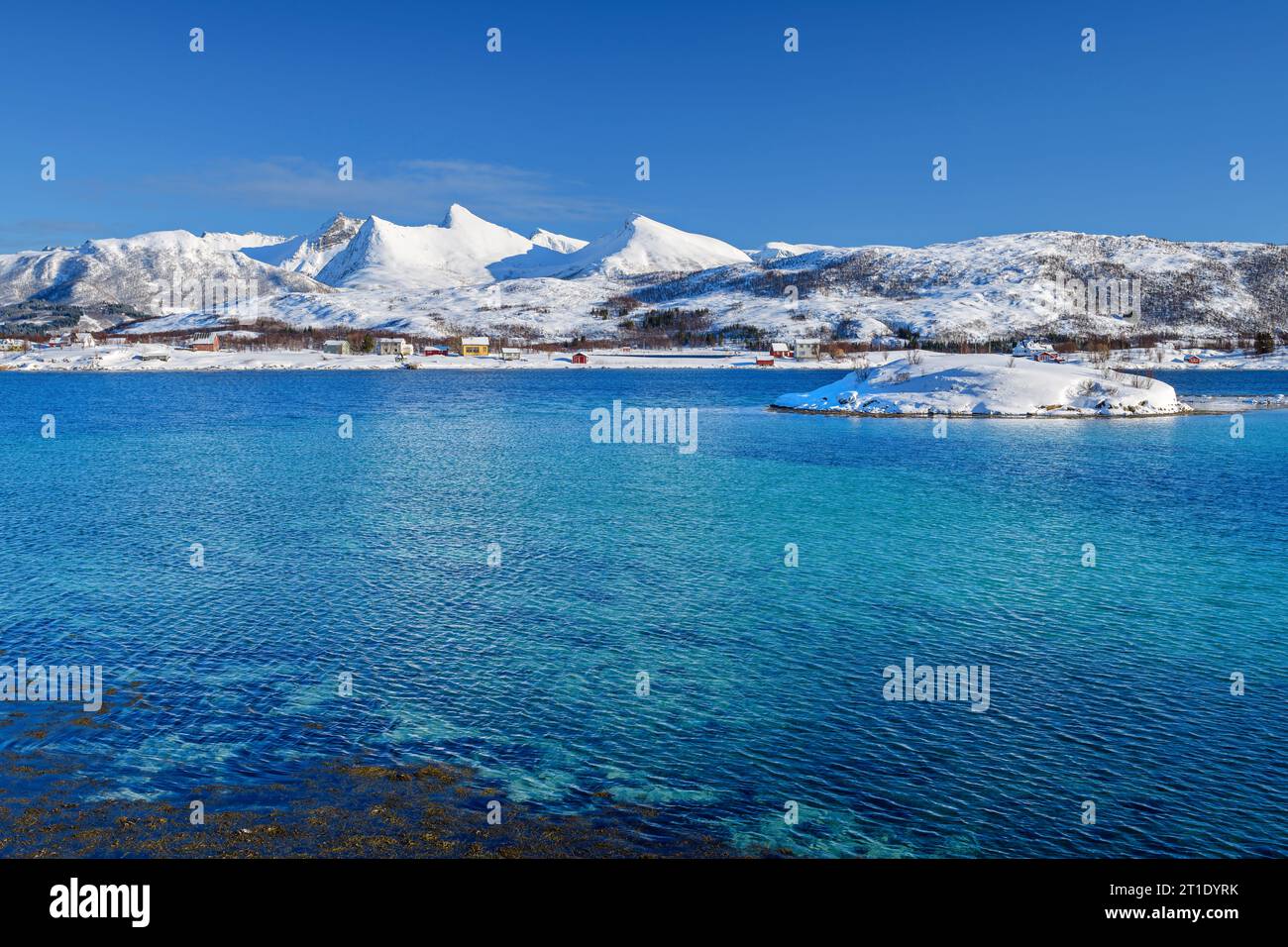 Blick auf das türkisfarbene Wasser von Nordfjord, Nordfjord, Senja, Troms og Finnmark, Norwegen Stockfoto