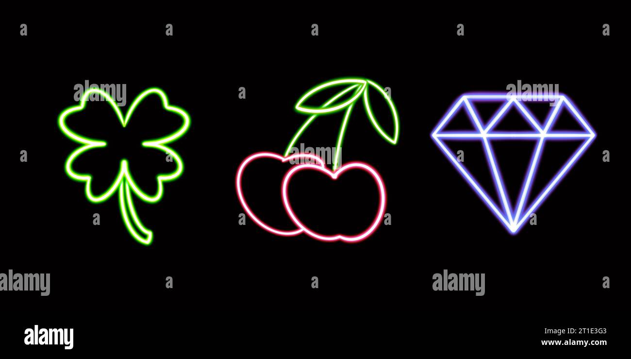 Neon Casino Set, Kirschen, Klee, Diamant. Leuchtendes Desktop-Symbol, Neon-Aufkleber, Neon-Figur, leuchtende Figur, geometrische Neon-Figuren Stockfoto