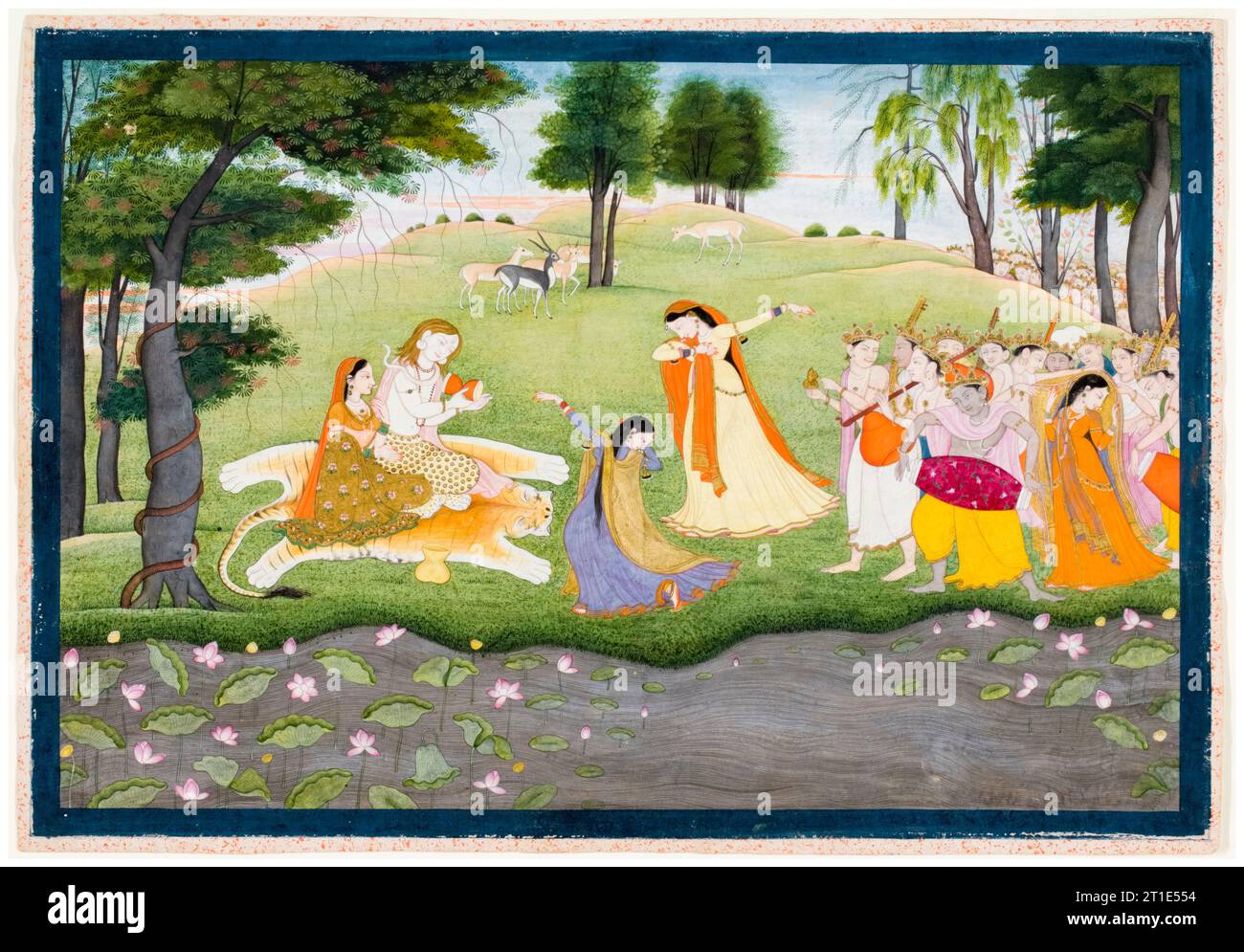 Die Götter singen und tanzen für Shiva und Parvati, Gemälde in Aquarellmalerei, Gold, auf Papier von Khushala (zugeschrieben), indische Kunst des 18. Jahrhunderts, 1780-1790 Stockfoto