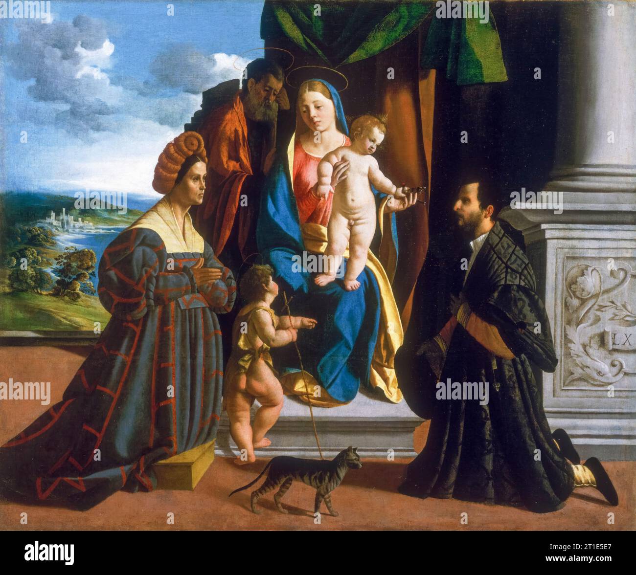 Dosso Dossi, die Heilige Familie, mit dem jungen Heiligen Johannes dem Täufer, einer Katze und zwei Spendern, Gemälde in Öl auf Leinwand, um 1512 Stockfoto