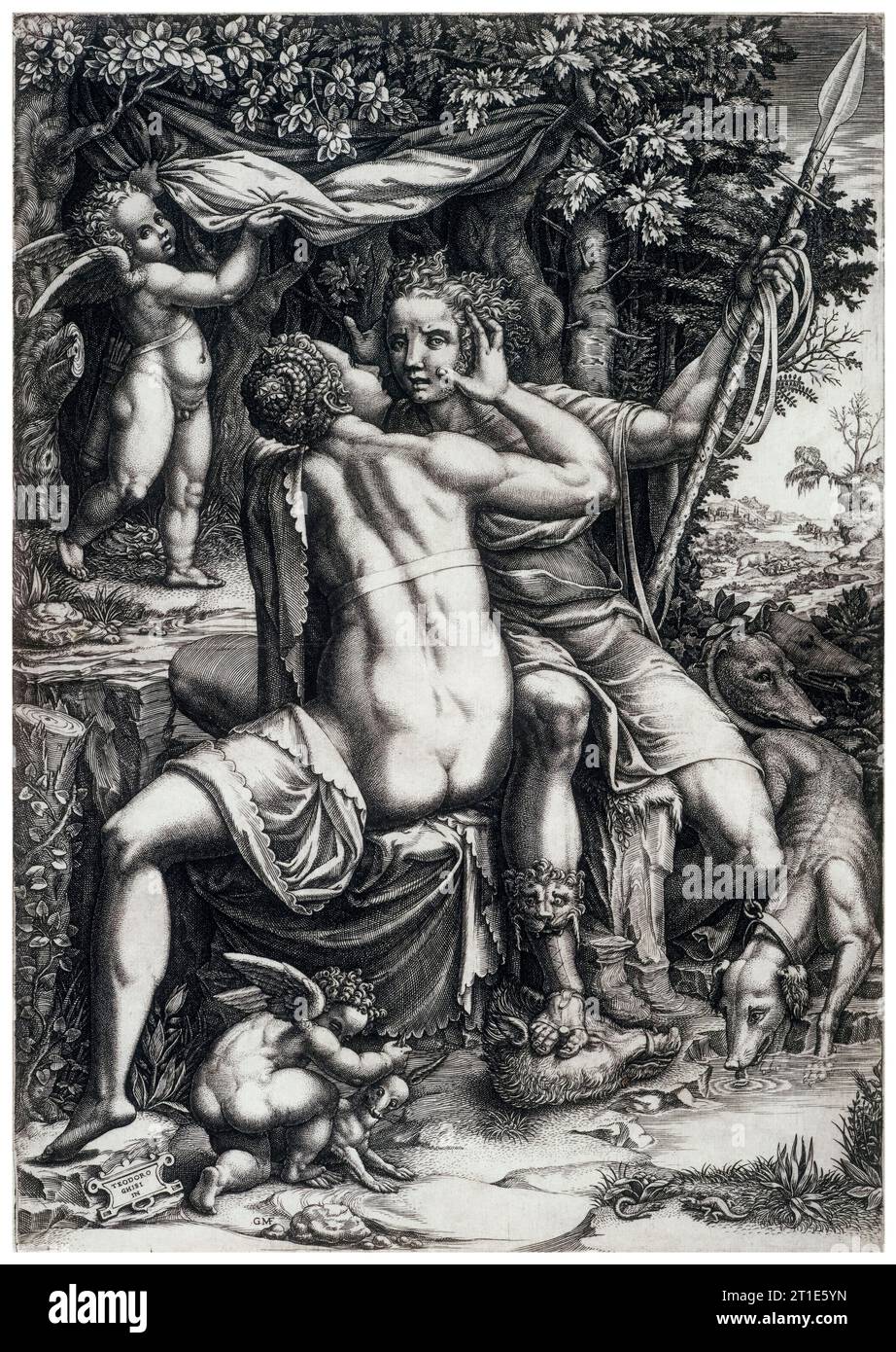 Giorgio Ghisi, Venus und Adonis, Druck eines Stiches, um 1570 Stockfoto