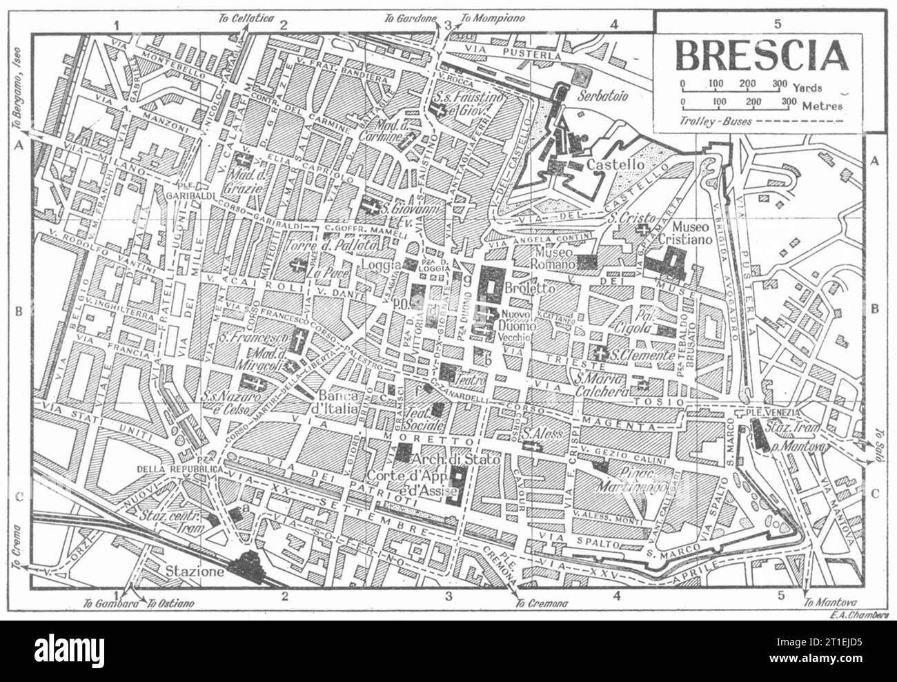 Stadtplan VON BRESCIA. Italien 1953 alte Karte im Vintage-Stil Stockfoto