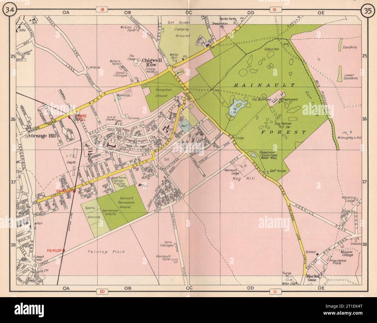 NE LONDON. Chigwell Row Hainault Forest Grange Hill Fairlop Marks Gate 1953 Karte Stockfoto