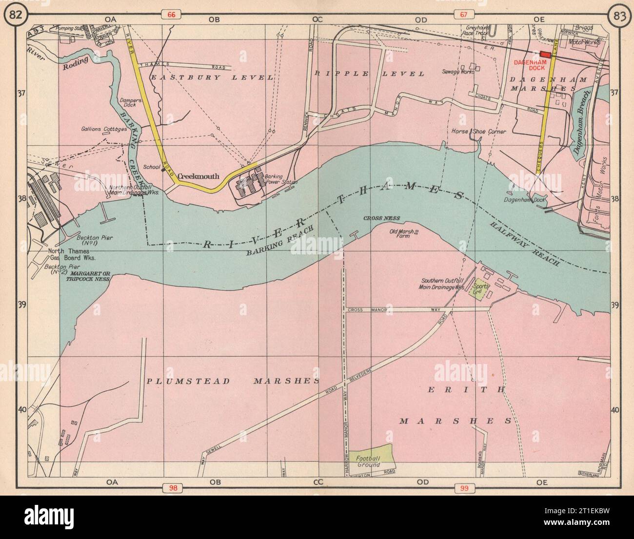 E LONDON. Creekmouth Plumstead/Dagenham/Erith Marshes Dagenham Dock 1953 Karte Stockfoto