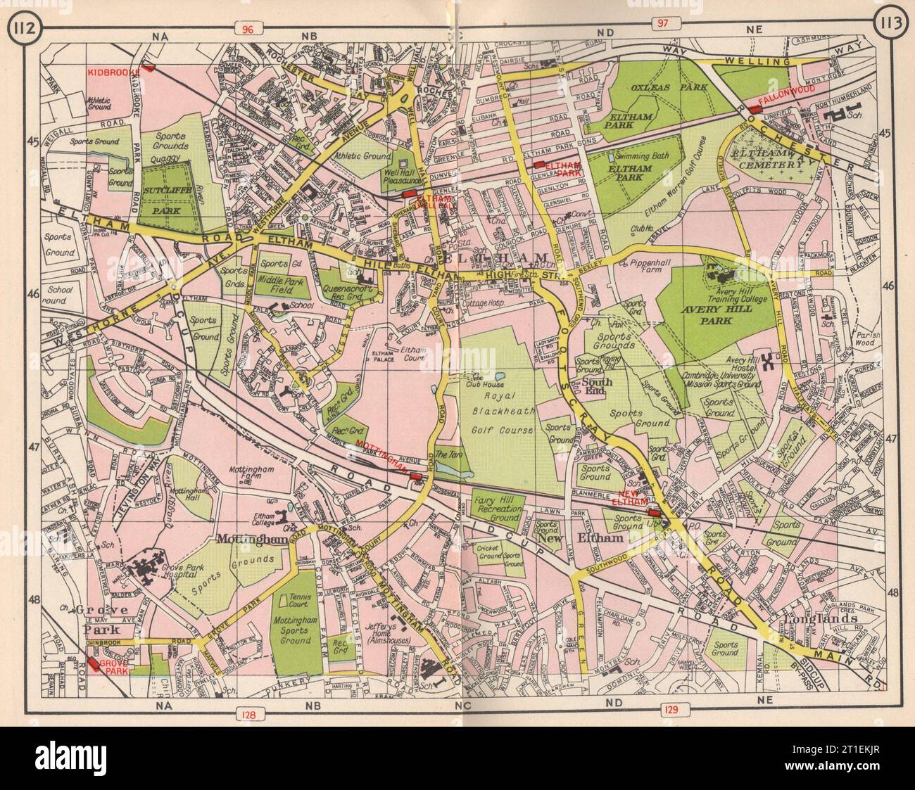 SE LONDON. Mottingham Eltham Grove Park Longlands New Eltham 1953 alte Karte Stockfoto