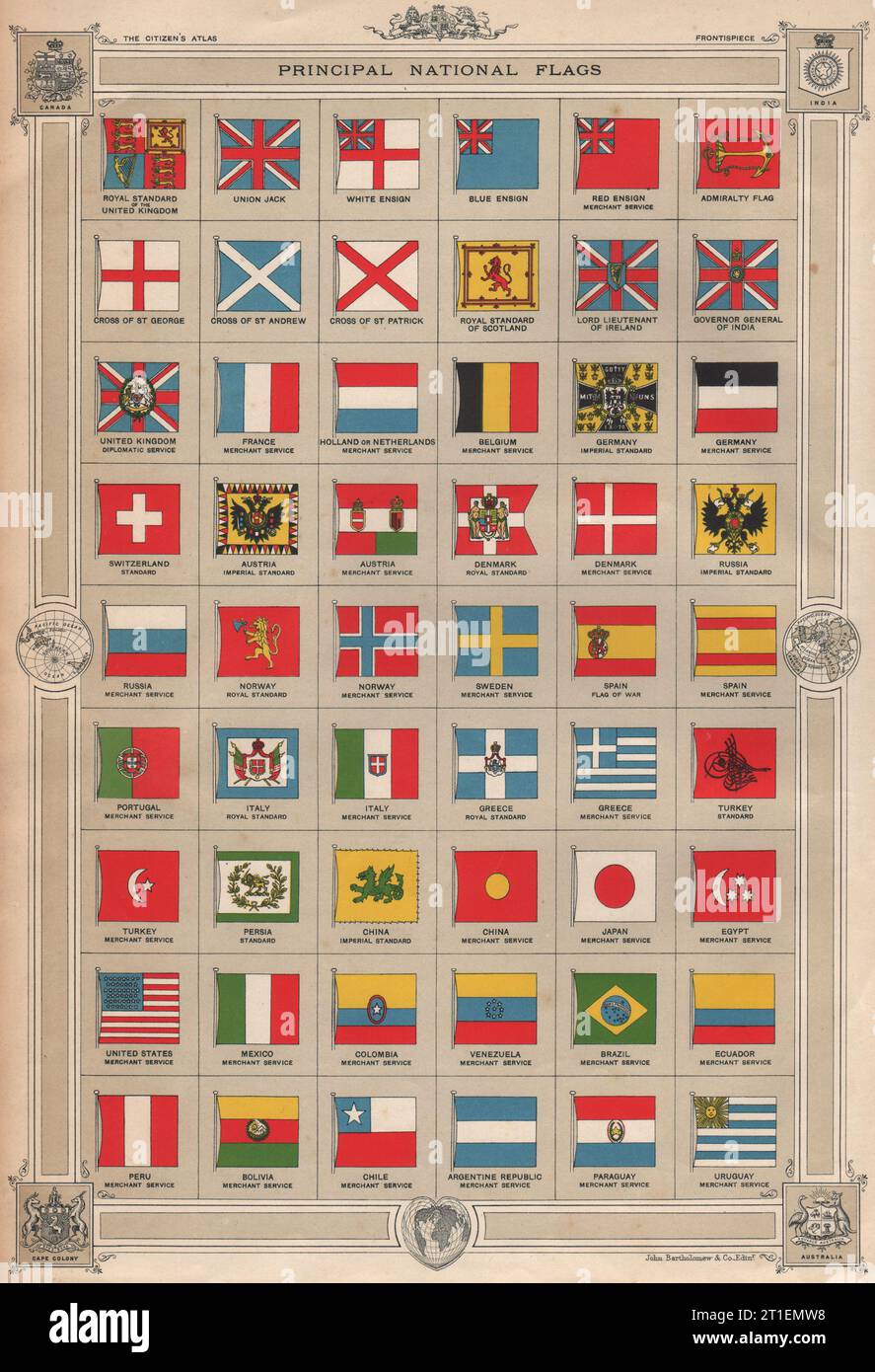 FLAGS. National Ensign Standards British Empire Europe Americas 1912 Print Stockfoto