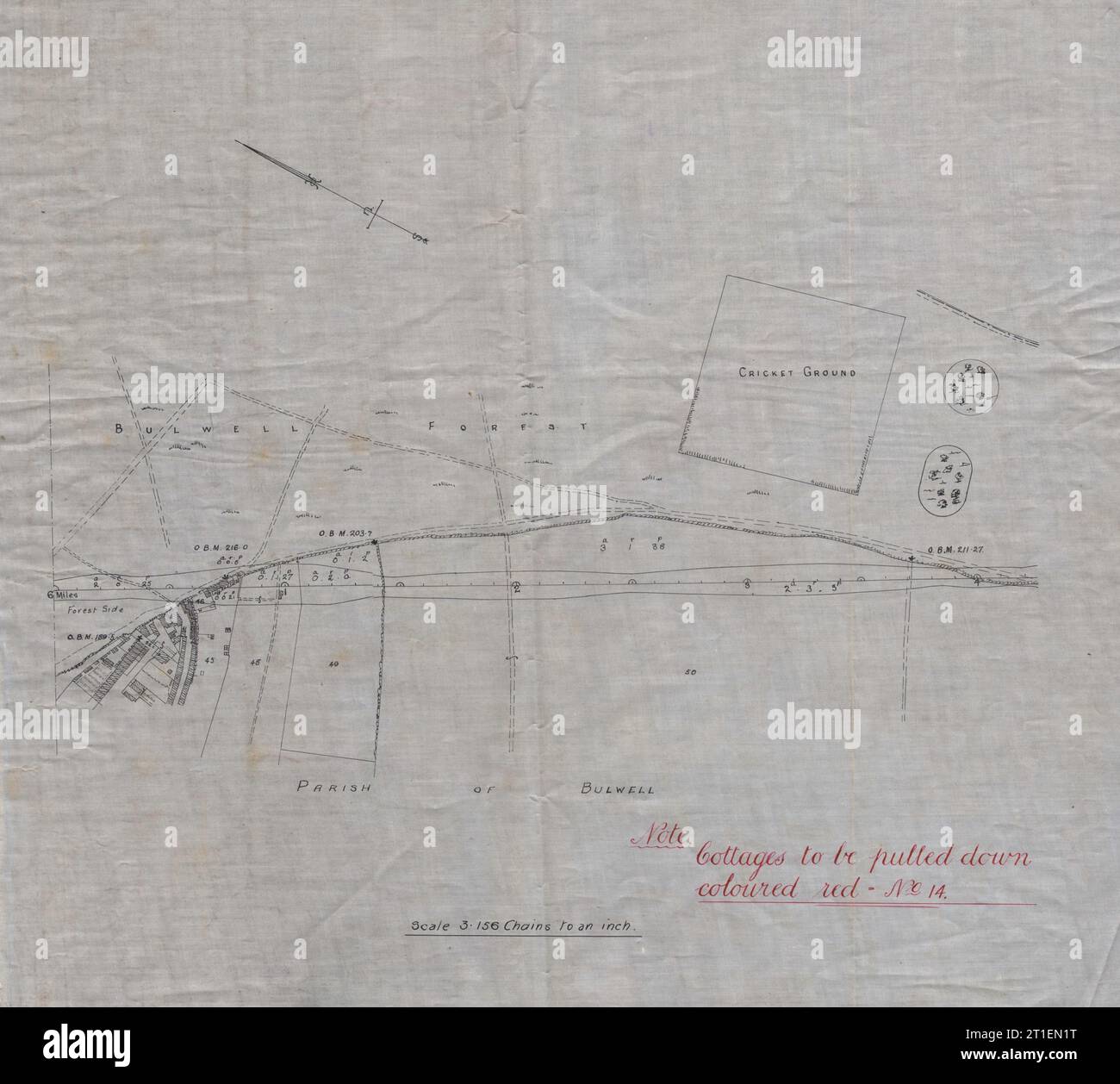 BULWELL, Notts. Manuskriptkarte. Geplante Midland Rail-Strecke. Cricket-Masse C1845 Stockfoto