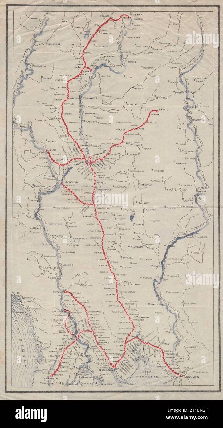 Karte der Burma Railways. Myanmar um 1908 alte alte alte Plankarte Stockfoto