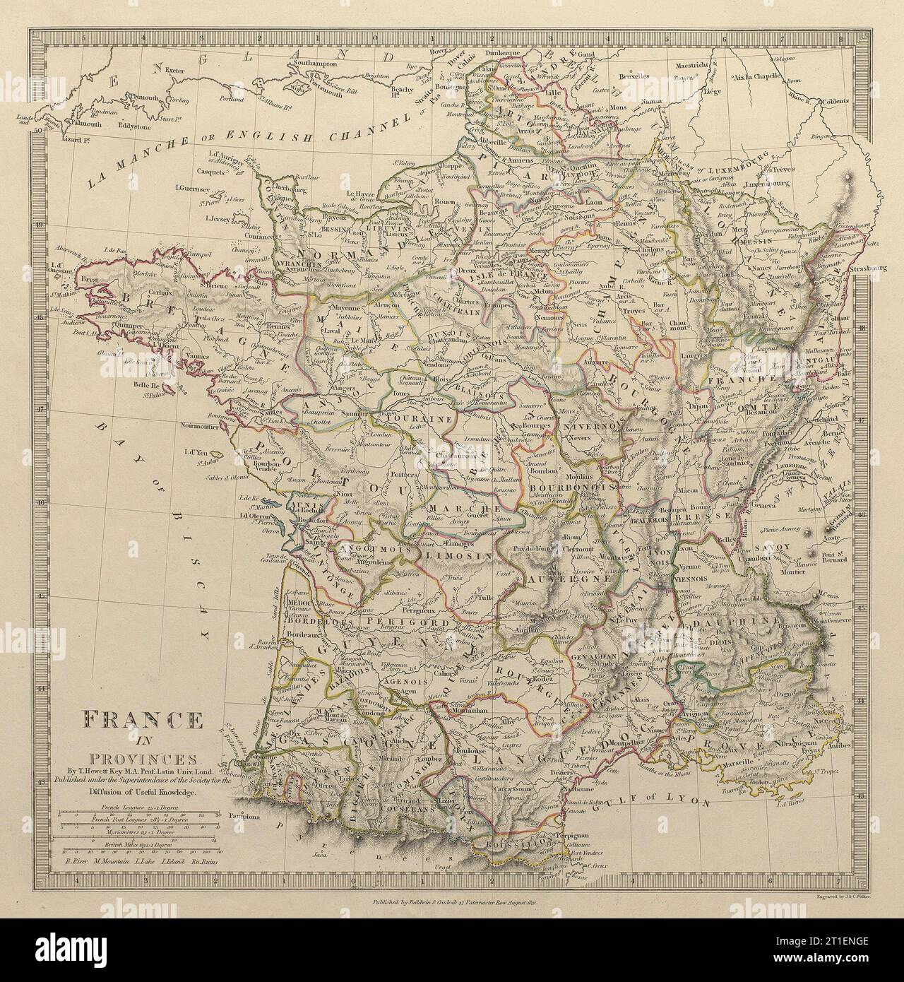 FRANKREICH mit vorrevolutionären PROVINZEN. Original Handfarbe SDUK 1844 MAP Stockfoto