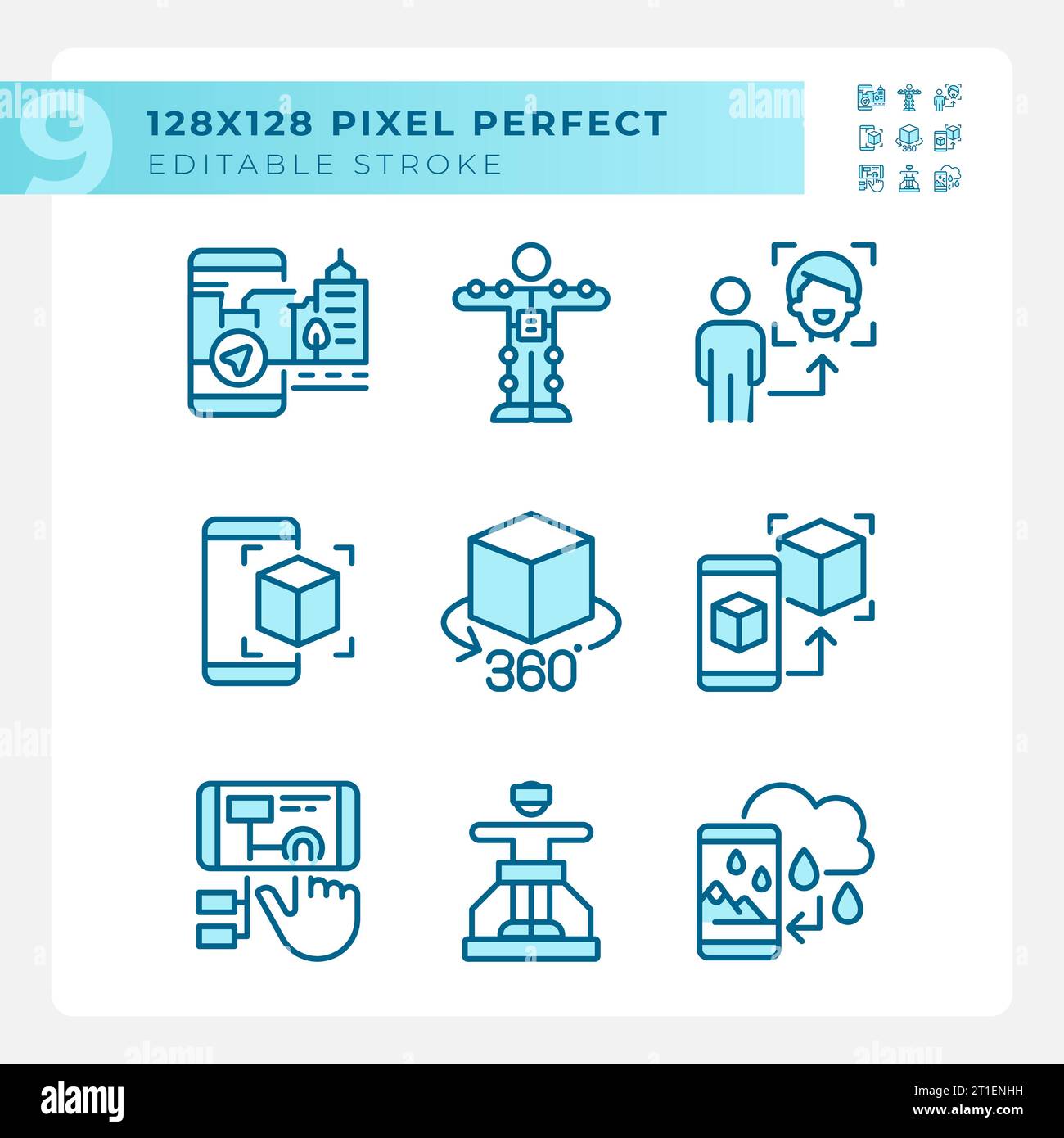 2D Pixel Perfect Blue VR-, AR- und MR-Symbole Stock Vektor