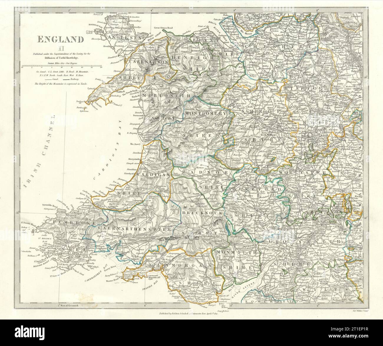 WALES UND ENGLAND WEST MIDLANDS. Zeigt Grafschaften an. Originalfarbe.SDUK 1844 Karte Stockfoto
