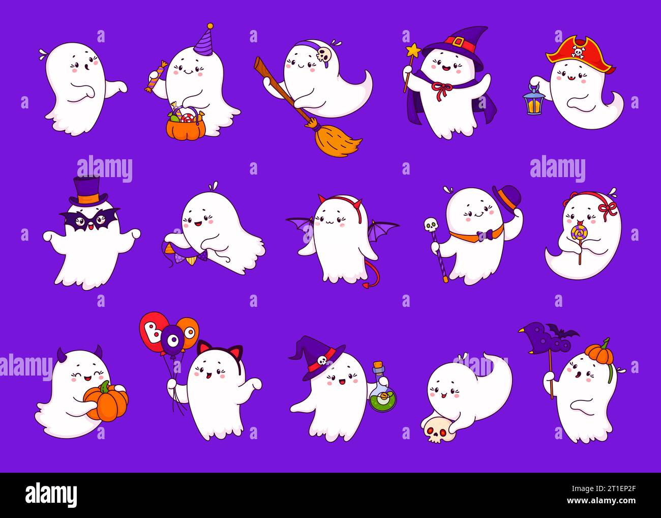 Cartoon Halloween Kawaii niedliche Geistermonsterfiguren. Hexen, Zauberer und Piraten an Halloween fröhliche Monster Figuren. Niedliche Geister Vektorfiguren mit Besen, Zaubertrank und Süßigkeiten Stock Vektor