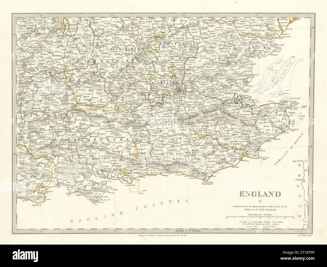 ENGLAND SE. Middx Kent Sussex Surrey Hants Berks Essex Herts. SDUK 1844-Karte Stockfoto