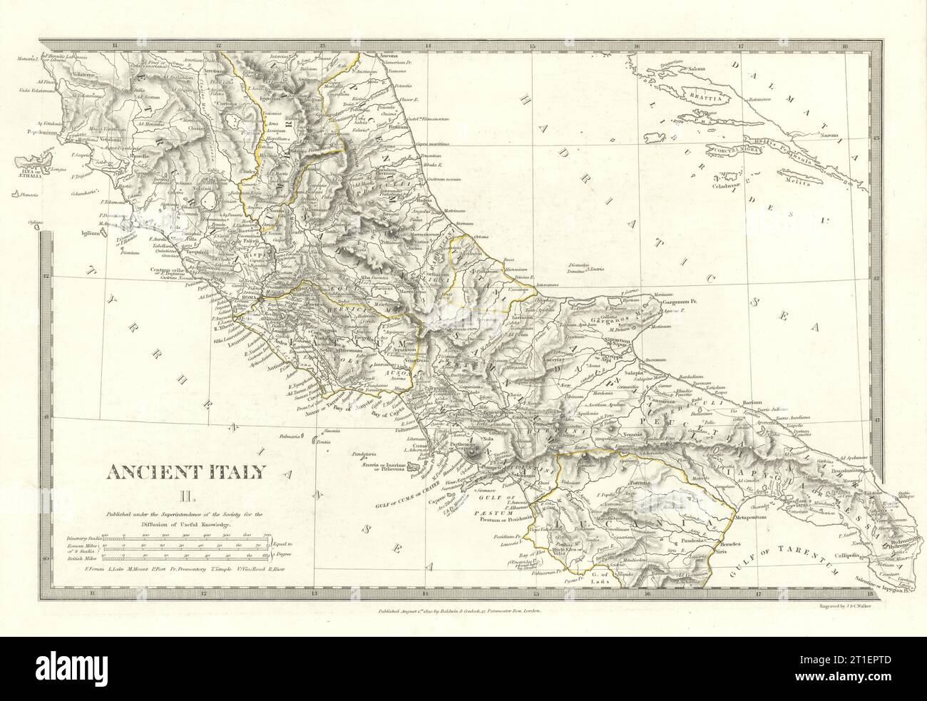 ALTES ITALIEN.Süden.Apulien Latium Sabini Samnium Picenum Etruria.SDUK 1844 Karte Stockfoto