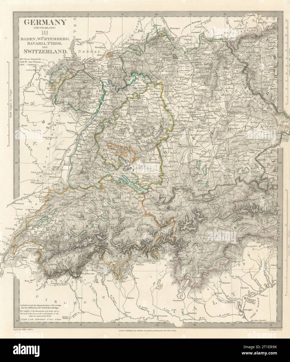 DEUTSCHLAND SCHWEIZ ÖSTERREICH. Baden, Württemberg, Bayern, Tirol. SDUK 1844-Karte Stockfoto