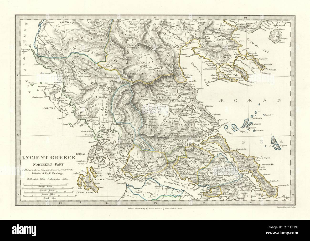 DAS ANTIKE GRIECHENLAND. Epirus Euboea Aetolia Thessalien Mazedonien. SDUK 1844 alte Karte Stockfoto