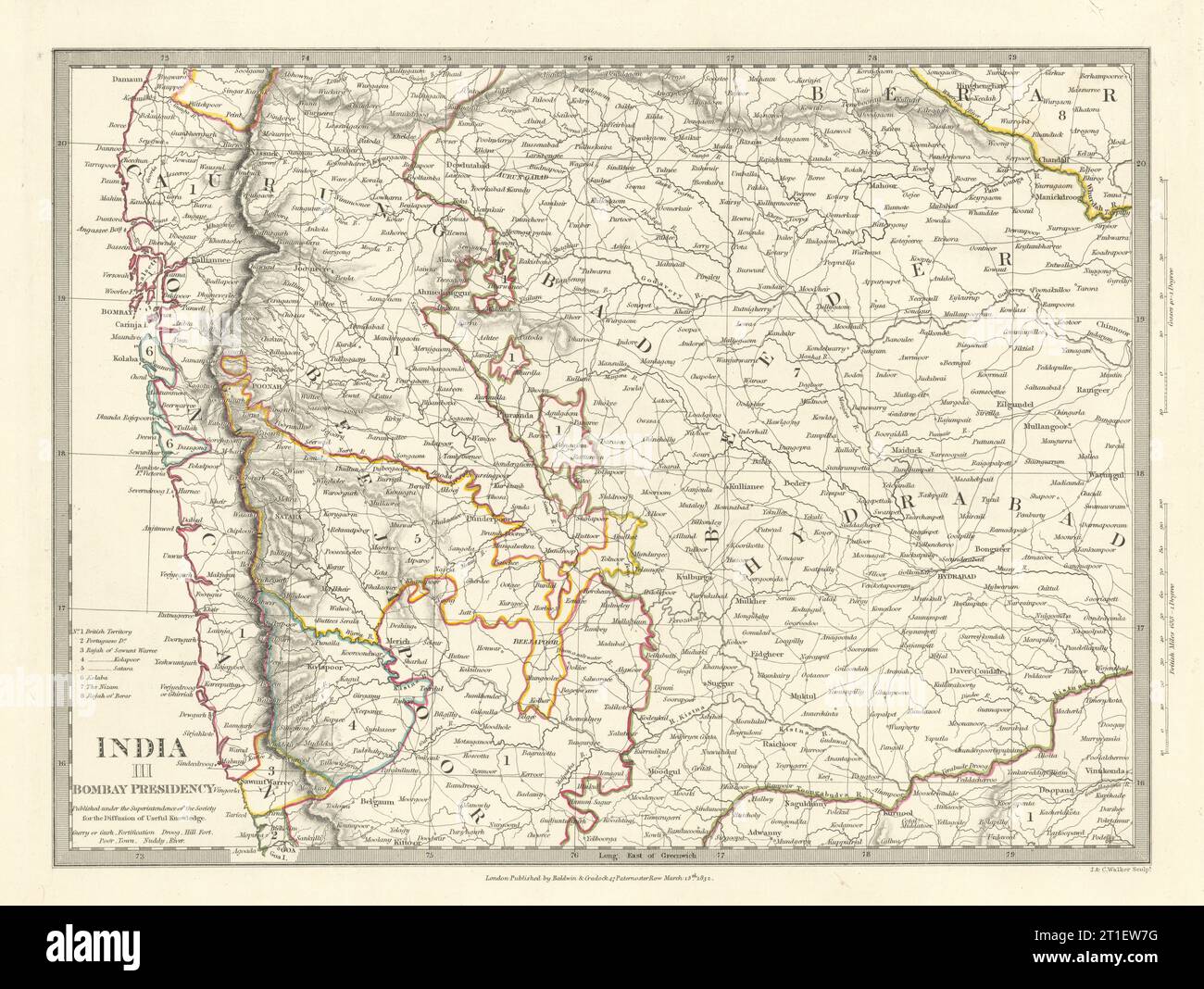 DIE PRÄSIDENTSCHAFT VON BOMBAY (MUMBAI) UND HYDERABAD. Aurangabad; Bijapur. SDUK 1844-Karte Stockfoto