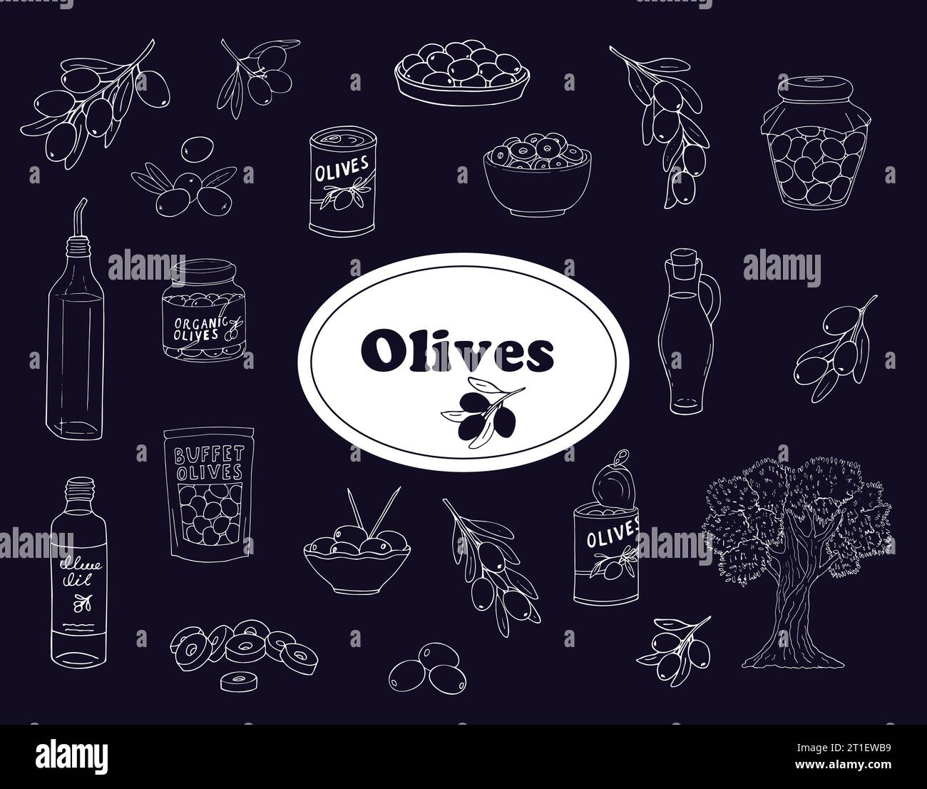 Handgezogenes Erzeugungsset für Oliven. Sammlung von handgezeichneten verschiedenen Olivenbäumen, Früchten, Ölflaschen und -Gläsern, geschnittenen Oliven in einem Glas und Konservenoliven Stock Vektor