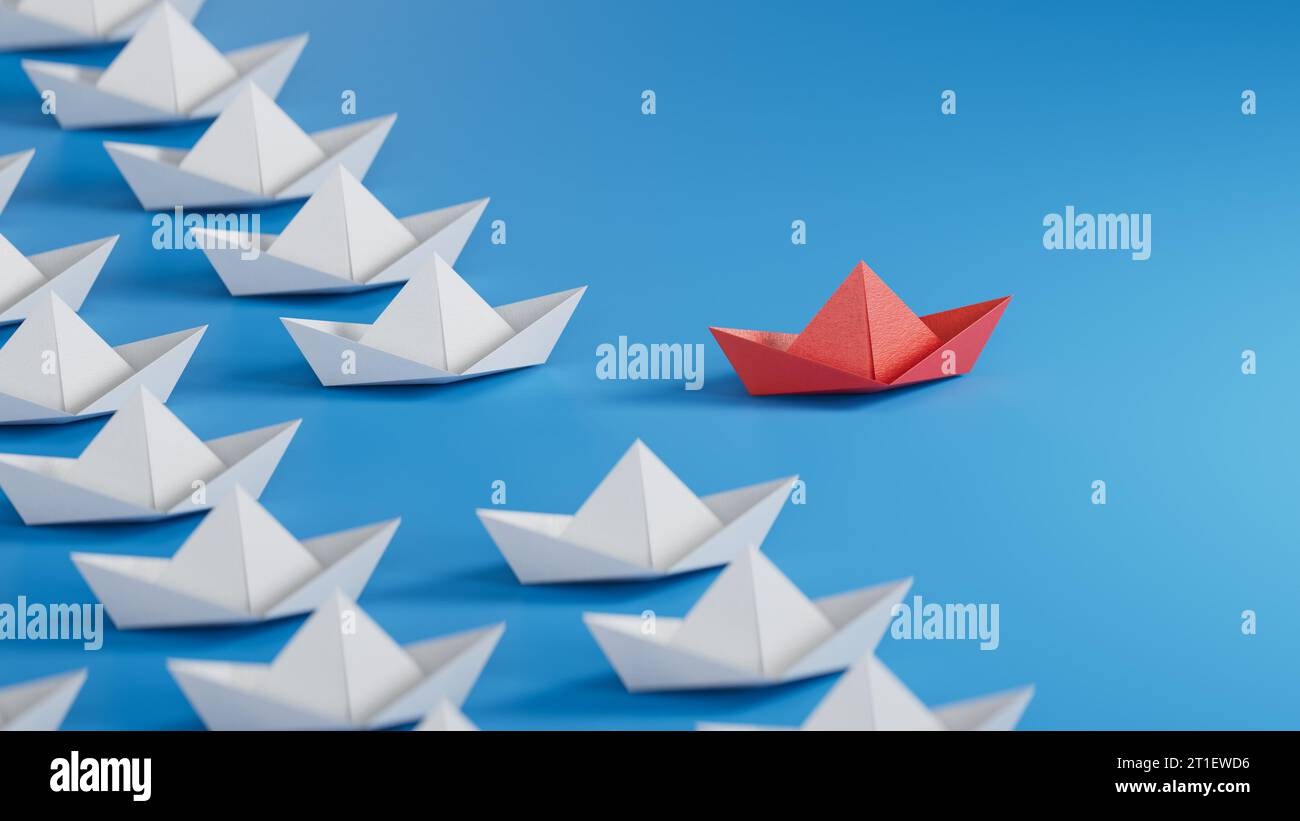 Anderes Geschäftskonzept. Neue Ideen. Papierkunst. Kreative Idee.Red Leader Boat, das sich von der Menge der weißen Boote abhebt.3D-Rendering auf Blau Stockfoto