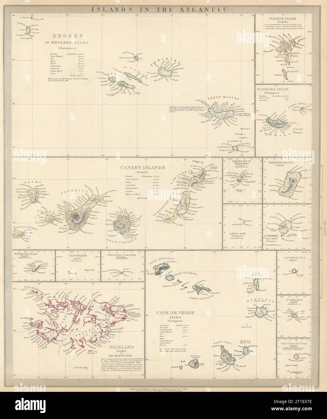 ATLANTIKINSELN.Azoren Färöer Madeira Kanarische Bermuda Falklands.SDUK 1844 Karte Stockfoto