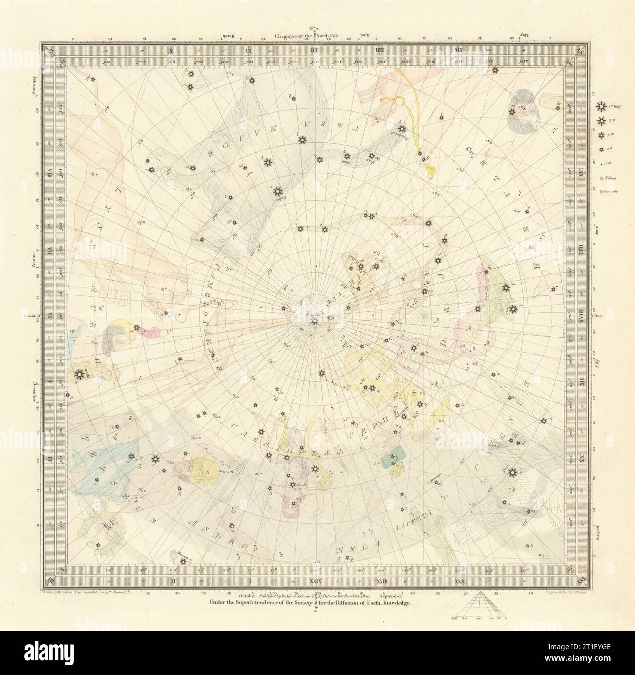 ASTRONOMIE HIMMLISCH. Sternkarte. Sternkarte, V. Nordpol. SDUK 1847 alt Stockfoto