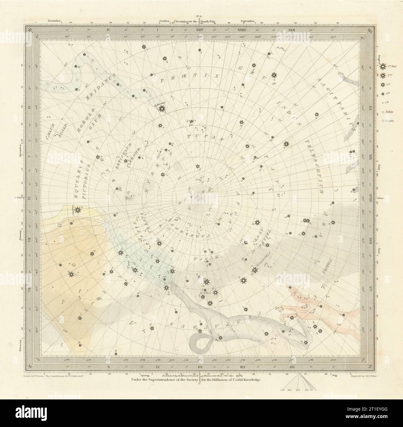 ASTRONOMIE HIMMLISCH. Sternkarte. Sternkarte, VI Südpol. SDUK 1847 alt Stockfoto