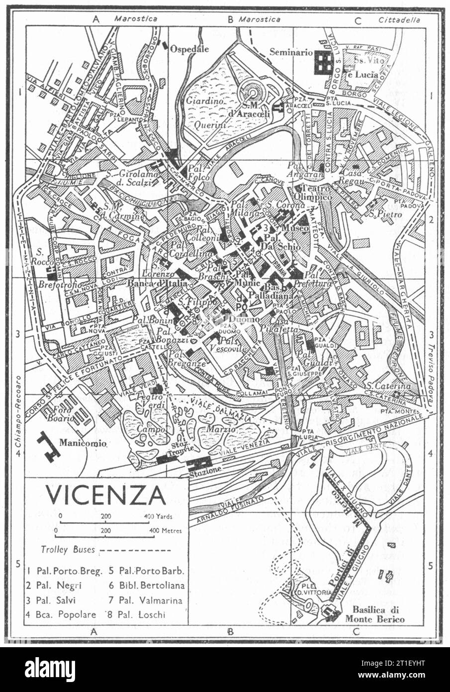 Stadt-/Stadtplan VON VICENZA. Italien 1953 alte Karte im Vintage-Stil Stockfoto