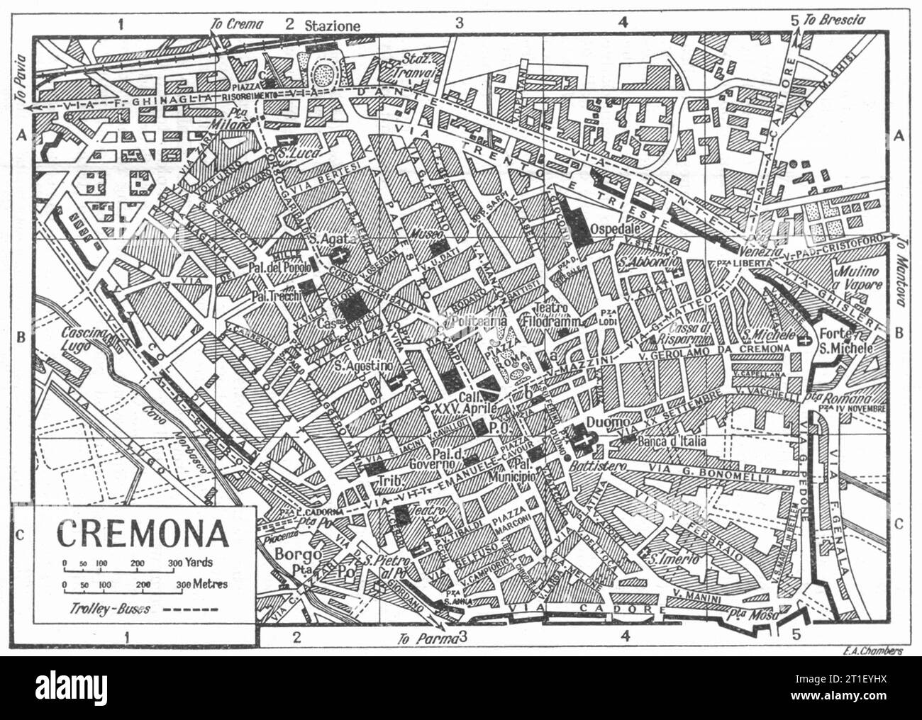 Stadtplan VON CREMONA. Italien 1953 alte Karte im Vintage-Stil Stockfoto