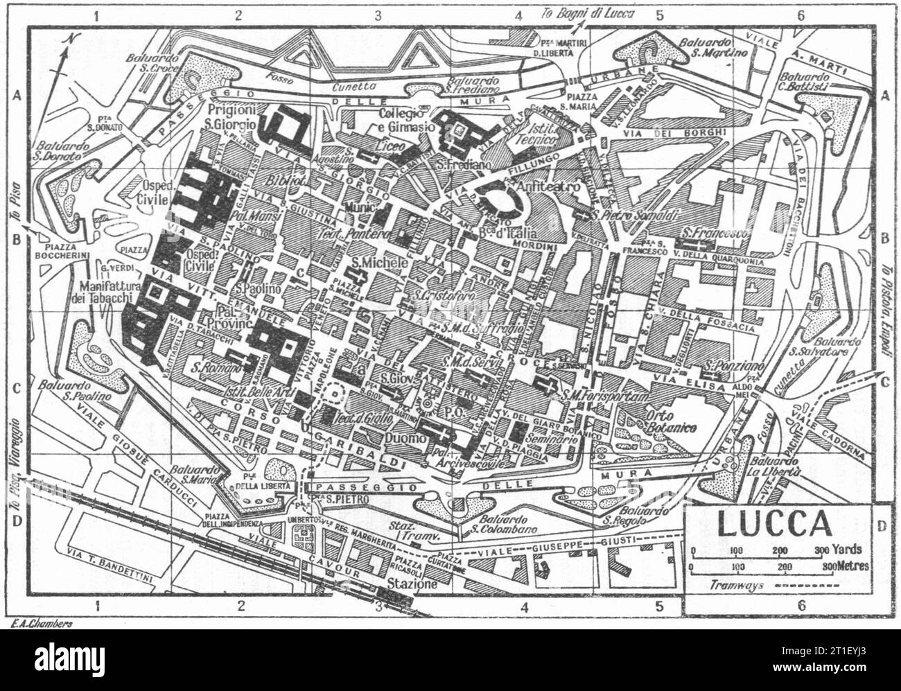 Stadtplan VON LUCCA. Italien 1953 alte Karte im Vintage-Stil Stockfoto