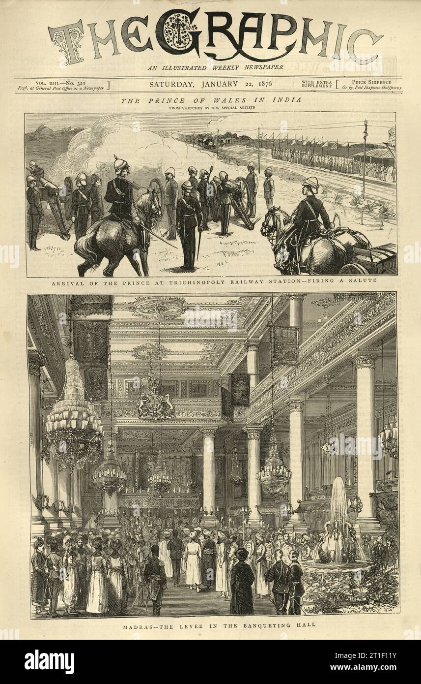 Viktorianische Vintage-Zeitung Prince of Wales, später König Eduard VII., in Indien, am Bahnhof Trichinopoly, Madras, Banqueting Hall, 1876, 19. Jahrhundert Stockfoto