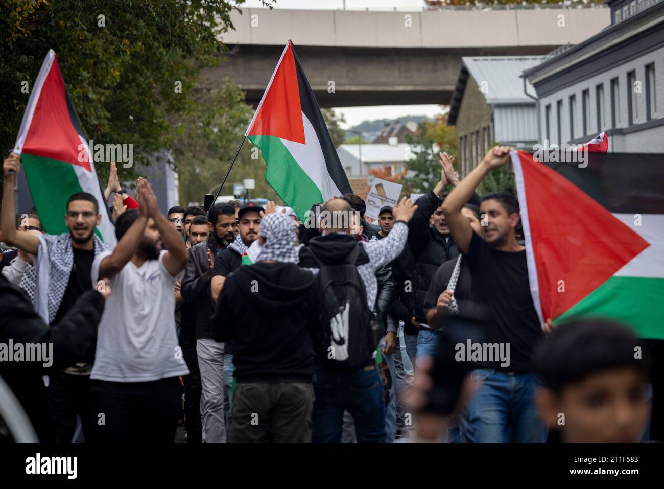 Siegen, Deutschland. Oktober 2023. Demonstranten protestieren für die Befreiung Palästinas und gegen den aktuellen Krieg mit Israel. Quelle: Christoph Reichwein/dpa/Alamy Live News Stockfoto