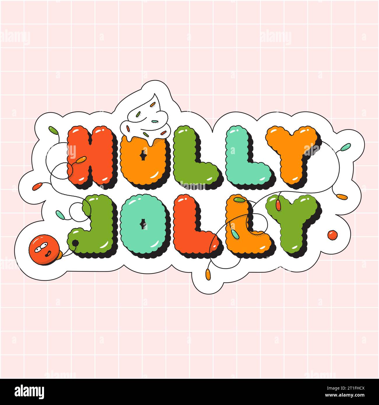 Sticker Weihnachten groovige Holly Jolly. Noel Girlande Spielzeug cremige Kappe. Stock Vektor
