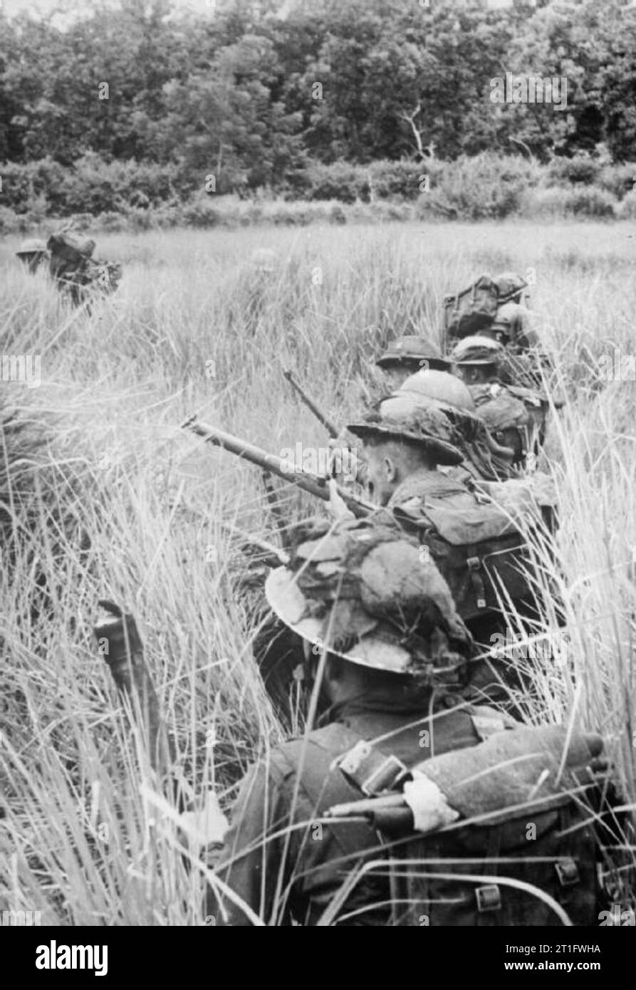 Die britische Armee in Birma 1944 Männer der Royal Welsh Fusiliers, 29 Infanterie Brigade, 36th Infantry Division, mit Reisfeldern Abdeckung an japanischen Positionen um Pinbaw, 1944. Stockfoto