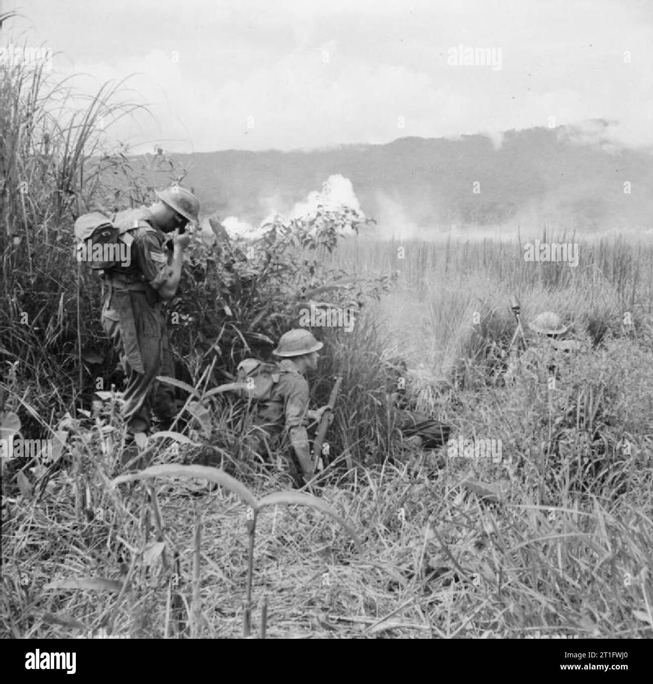 Die britische Armee in Birma 1944 einen 3-Zoll Mörser Team, Teil der 36th Infantry Division, mit den Reisfeldern Tarnung während angreifenden japanischen Positionen, November 1944. Stockfoto