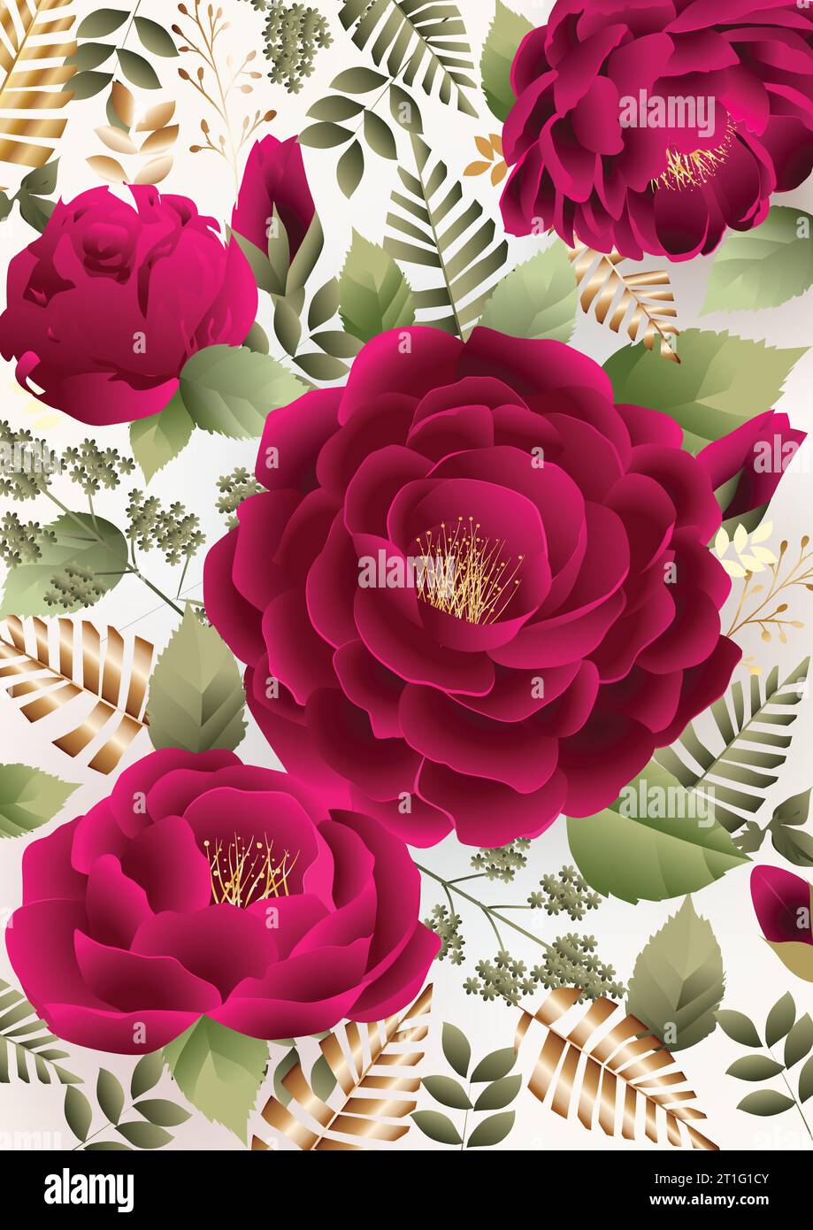 Rote Rosen mit goldenen Blättern. Floraler Hintergrund Stock Vektor