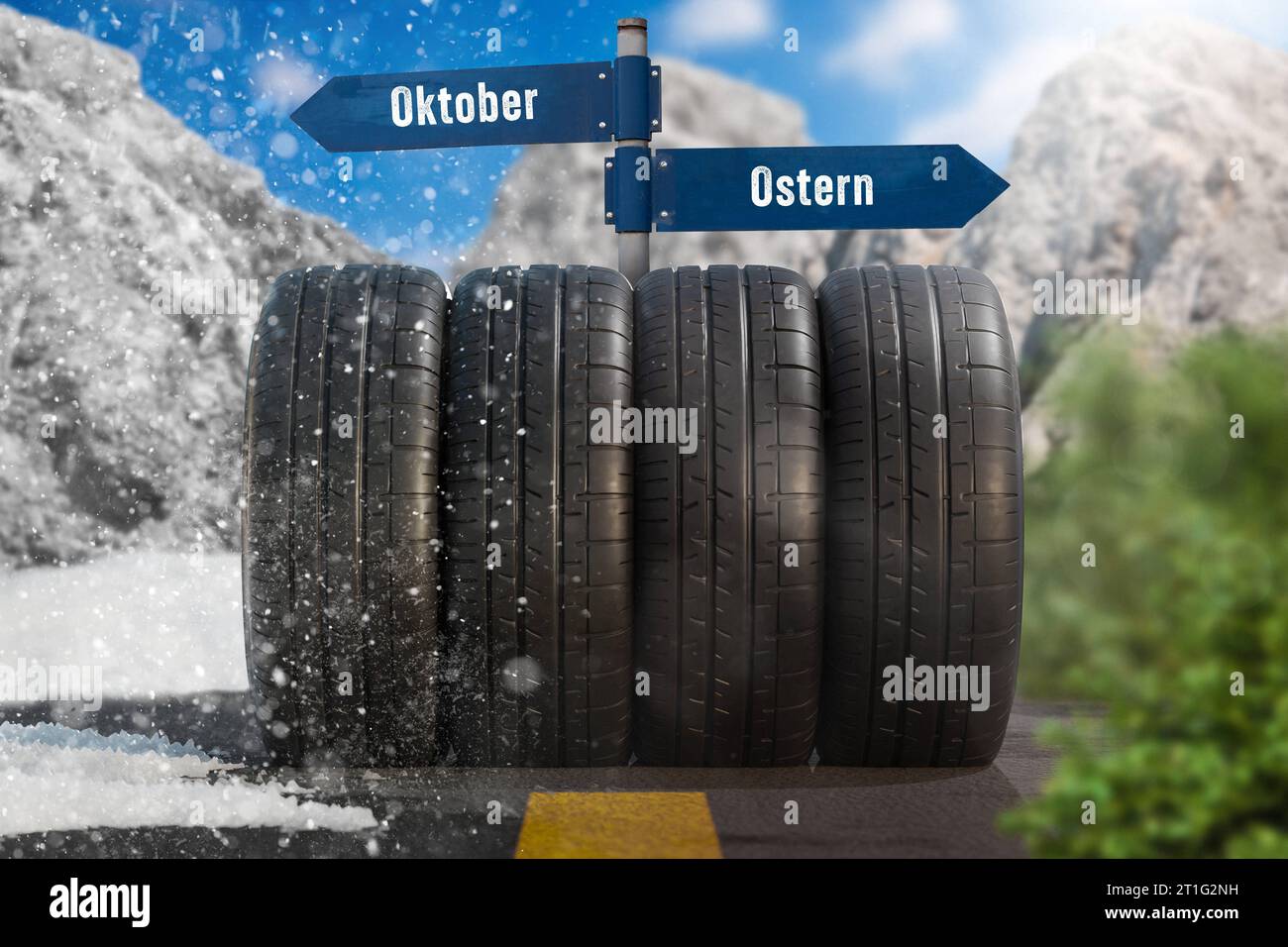 13. Oktober 2023: Sommerreifen und Winterreifen Konzept, vier Räder mit Winter- und Sommerlandschaft. Schild mit Inschrift Ostern und Oktober, Faustregen von O bis O FOTOMONTAGE *** Sommerreifen und Winterreifen Konzept, vier Räder mit Winter und Sommer Landschaft. Schild mit Aufschrift Ostern und Oktober, Faustregen von O bis O FOTOMONTAGE Credit: Imago/Alamy Live News Stockfoto