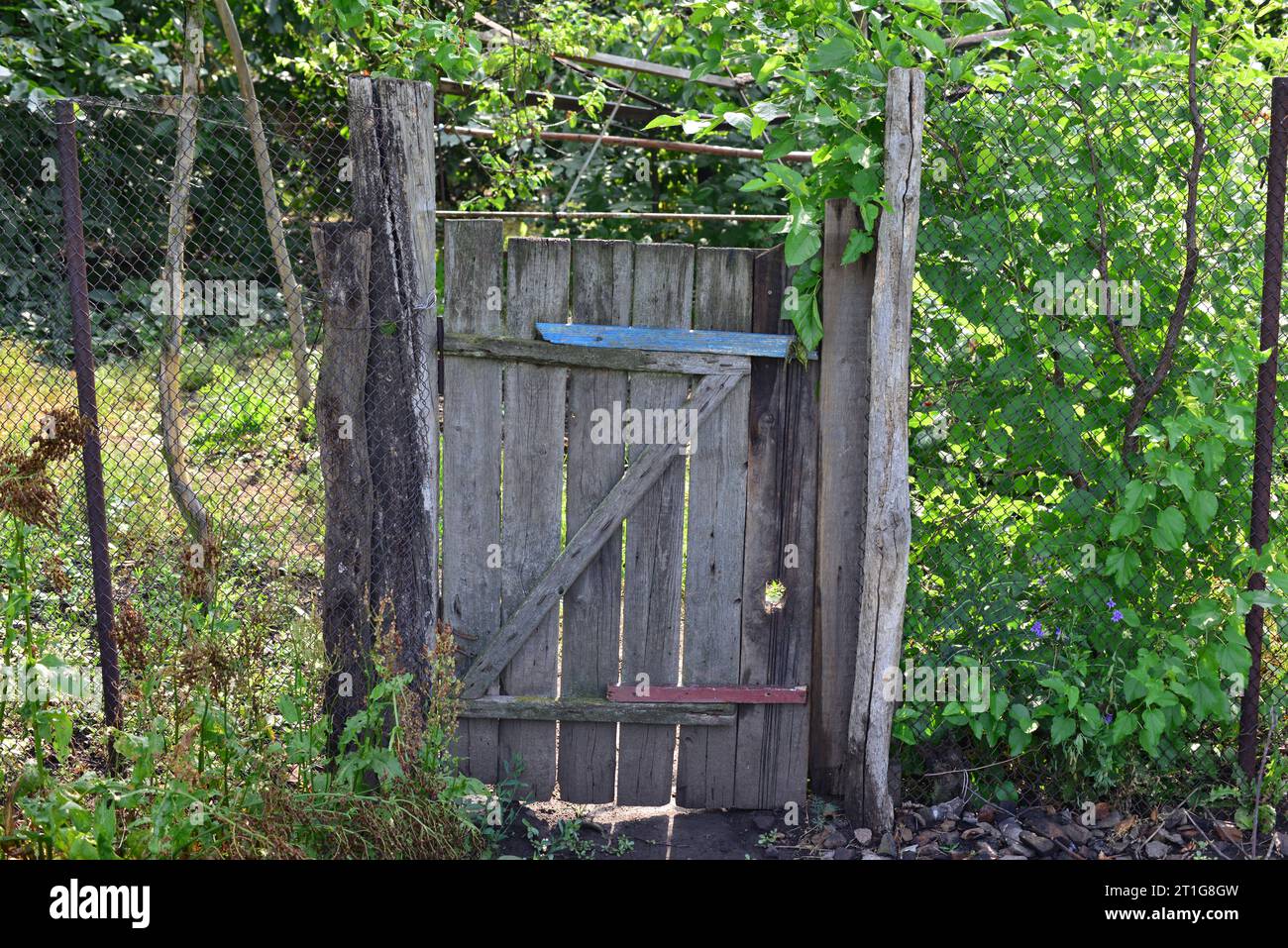 Altes zerbrochenes Holztor im Garten, zerstörte Landschaft Stockfoto