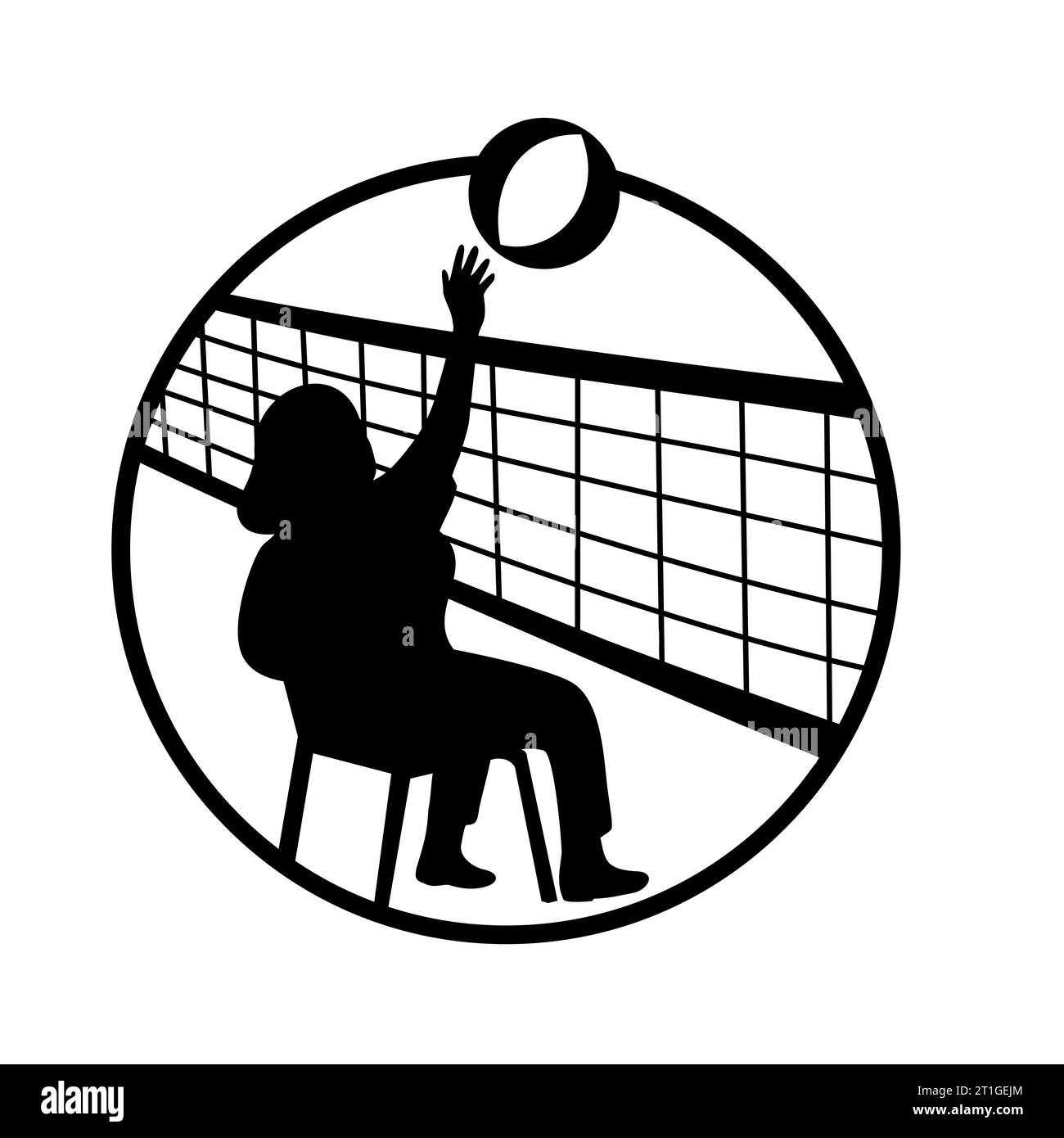Maskottchen-Illustration des weiblichen älteren Stuhl-Volleyballspielers, der den Ball über Netz auf isoliertem weißen Hintergrund im Kreis in Retro-Schwarz und W stachelt Stockfoto