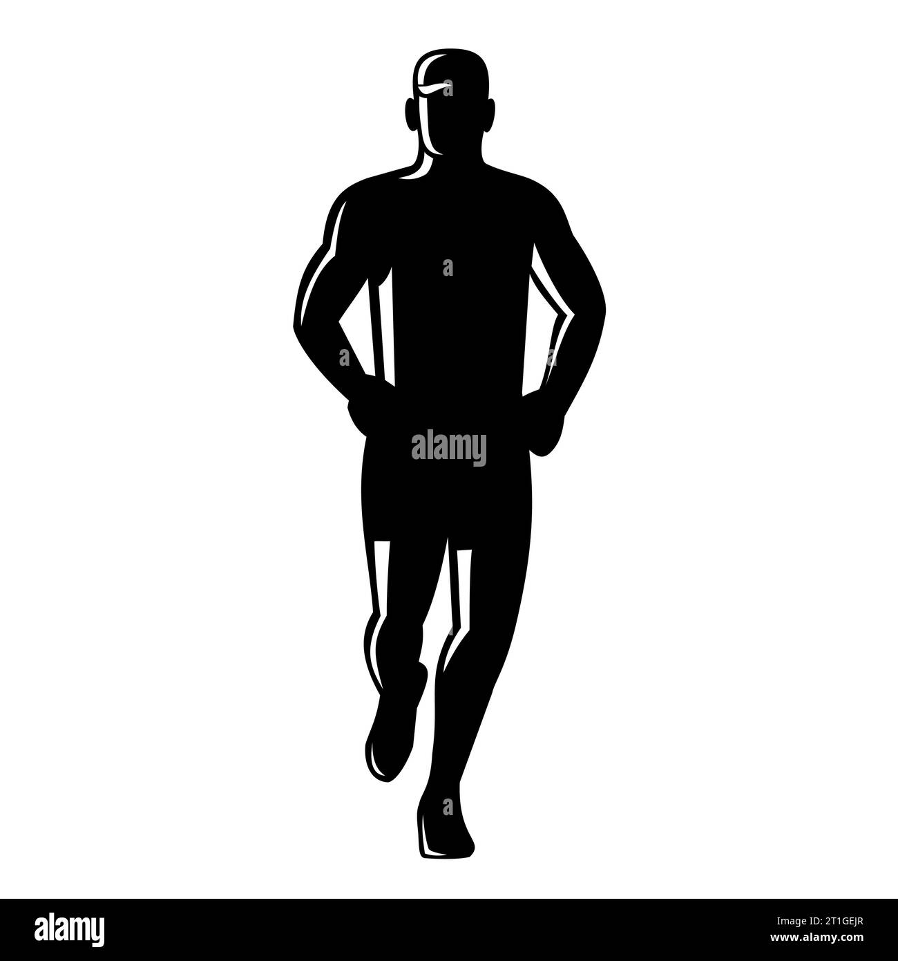Retro-Illustration eines männlichen Marathonläufers, der Vorderansicht auf isoliertem Hintergrund in Schwarz-weiß läuft. Stockfoto