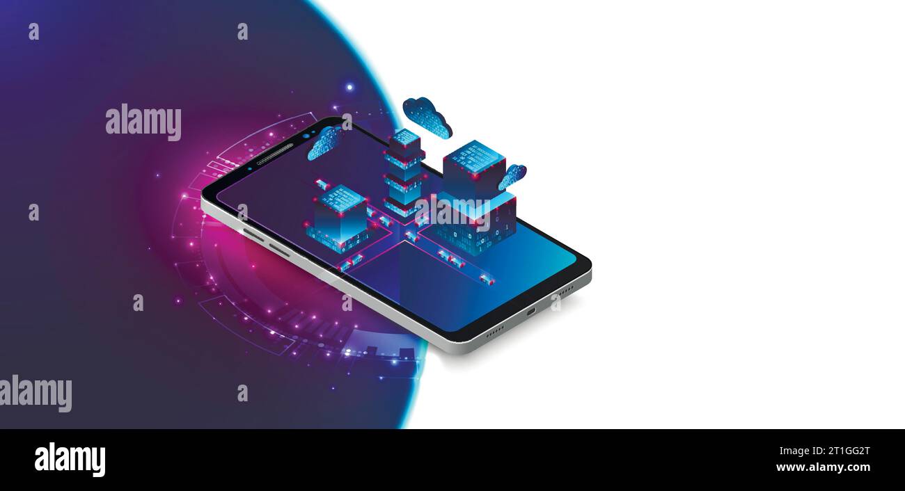 Isometrisches Mobiltelefon. Вig Datenflussverarbeitungskonzept, Cloud-Datenbank. Abstrakter technologischer Hintergrund. Vektorabbildung Stock Vektor