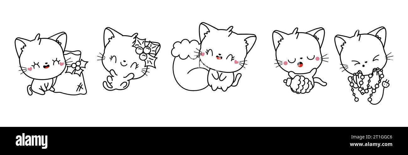 Set der Kawaii Weihnachtskatze Malseite. Sammlung von niedlichen Vektor Weihnachten Tier Outline Stock Vektor